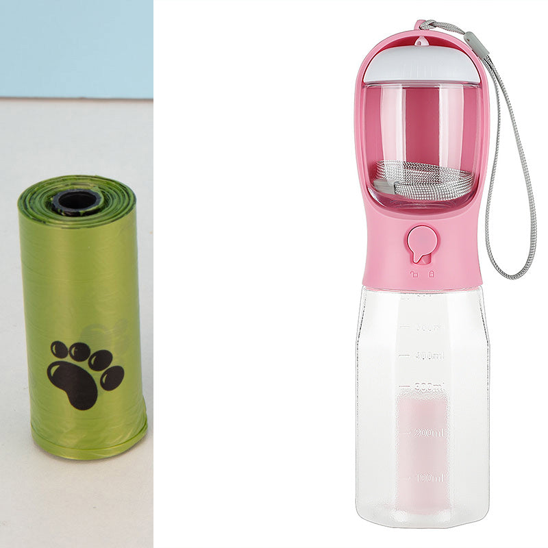 Portable Cat Dog Water Bottle, Food Feeder, Drinker and Poop Bag Dispenser