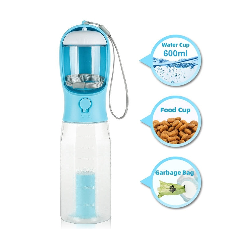 Portable Cat Dog Water Bottle, Food Feeder, Drinker and Poop Bag Dispenser